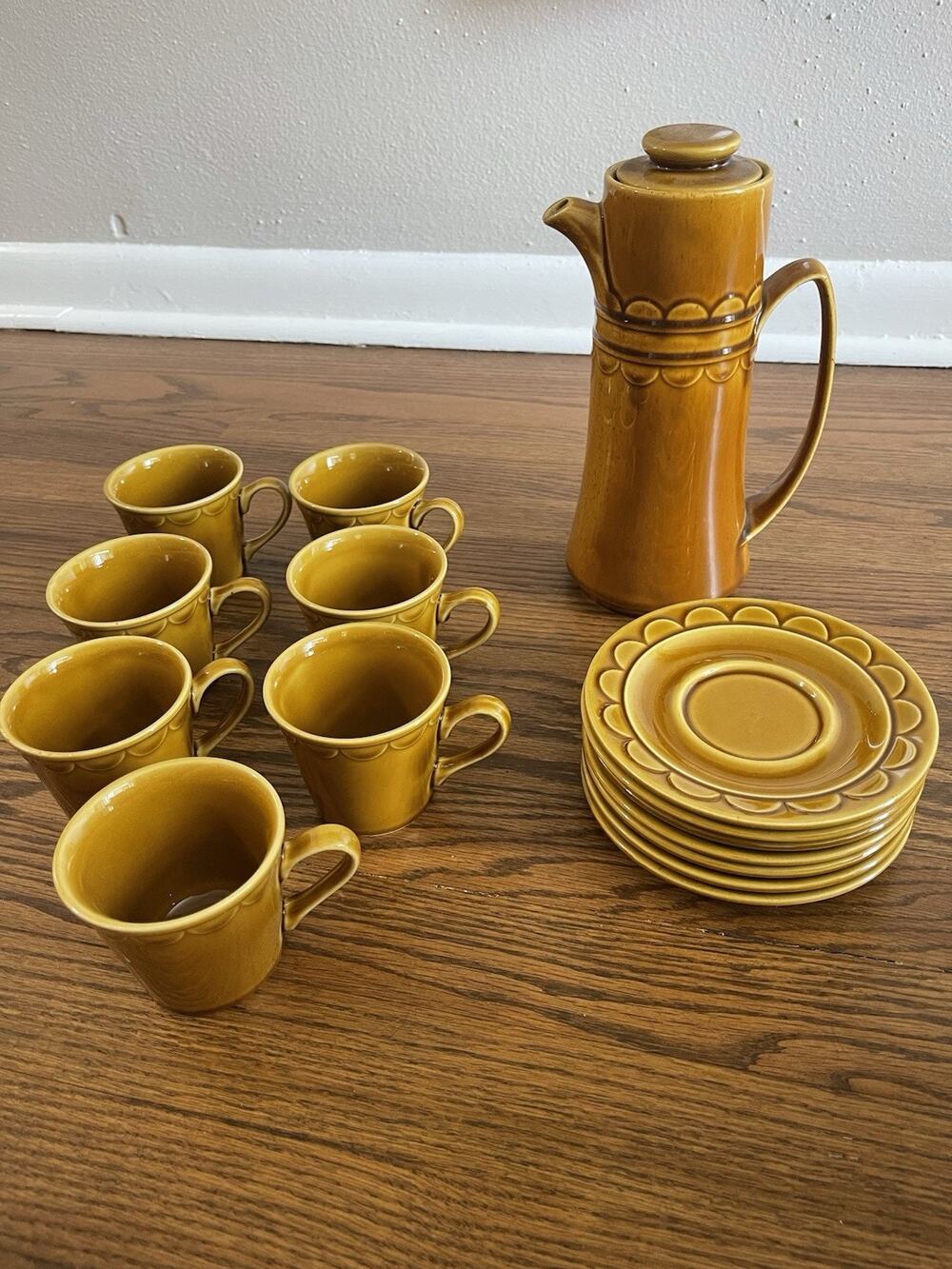 Set of 7 Vintage Homer Laughlin Granada Golden Harvest Cup & Saucer & Teapot MCM